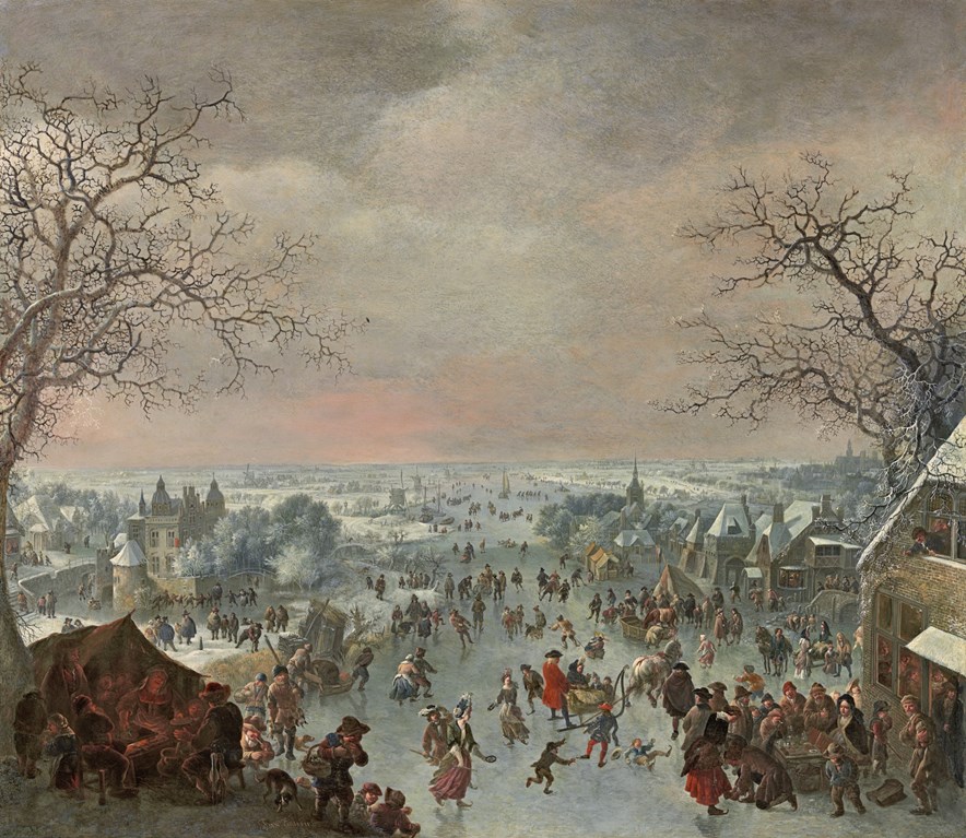 Jan Griffier I, A winter landscape with figures skating and merrymaking by a tavern - 1642/1718