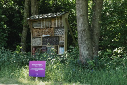 Bijenhotel met informatiebordje
