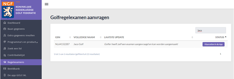 aanvraag regelexamen via de app GOLF.NL